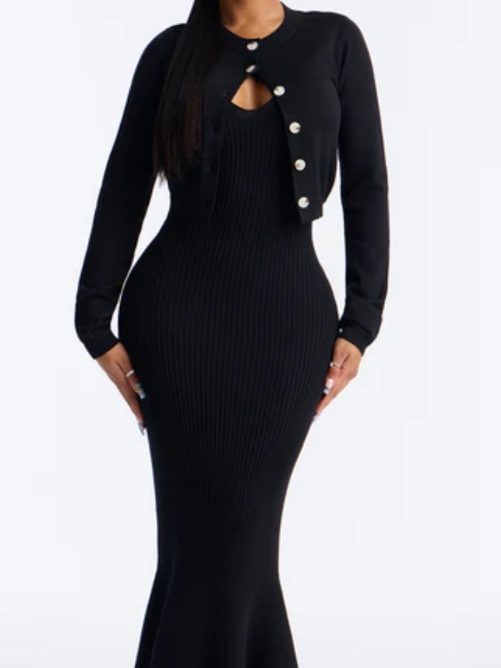 Black Ribbed Knit Midi Dress with Cropped Cardigan